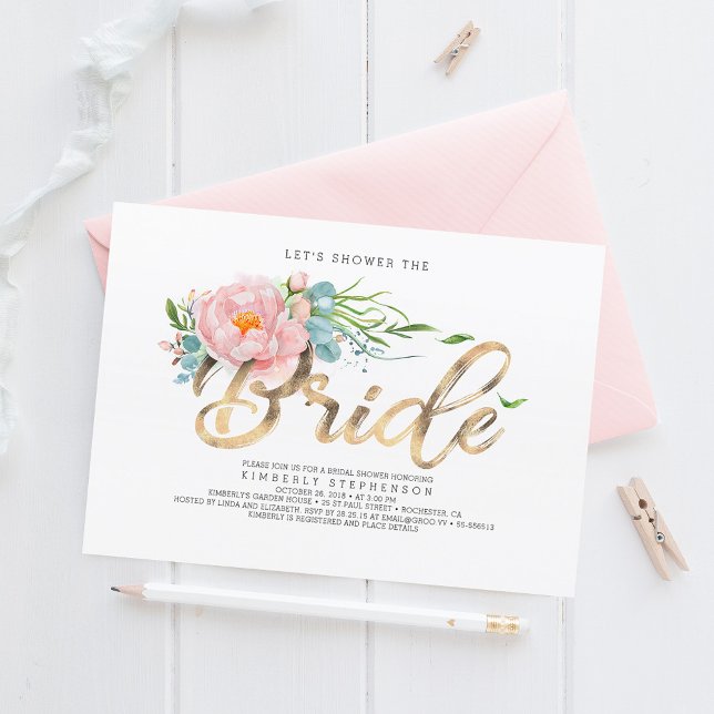 Pink Flowers and Gold Glitter Modern Bridal Shower Invitation (Creator Uploaded)