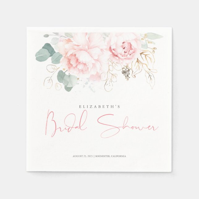 Pink Flowers and Gold Greenery Bridal Shower Napkin (Front)