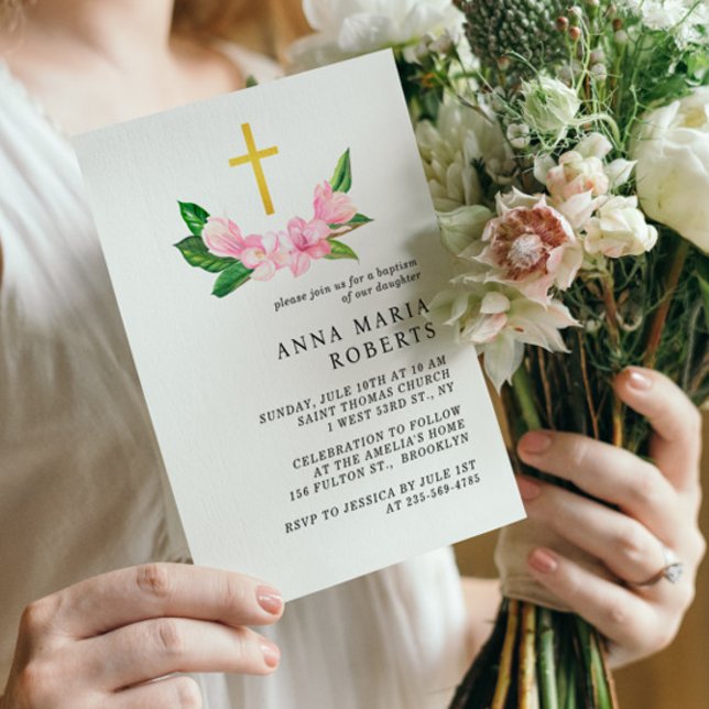 Pink Flowers and Gold Gross Girl Baptism  Invitation (Creator Uploaded)