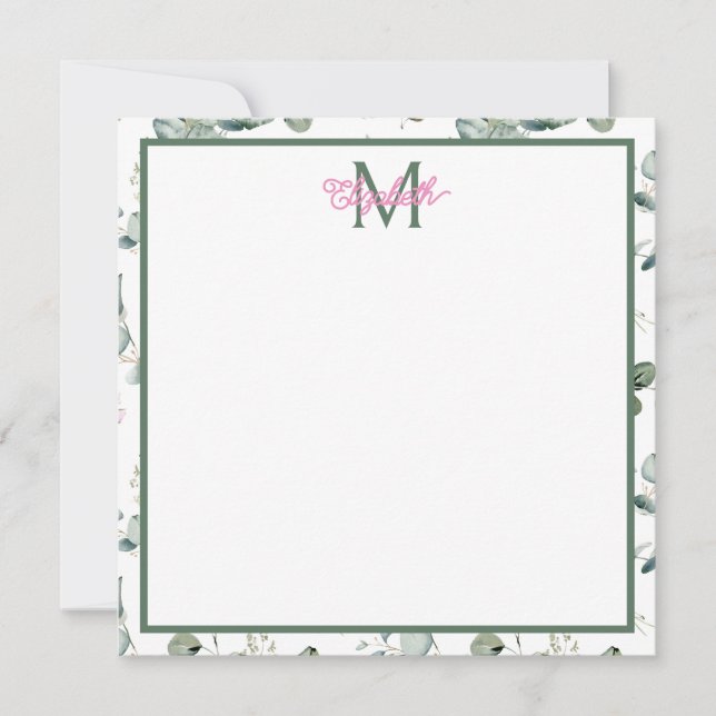 Pink Flowers and Green Leaves on White Monogram Card (Front)