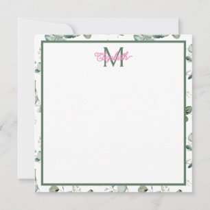 Pink Flowers and Green Leaves on White Monogram Card