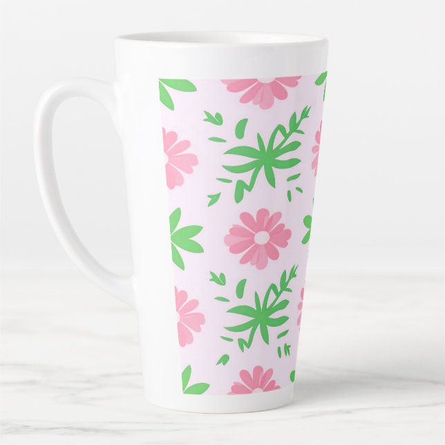 Pink flowers and green leaves seamless pattern latte mug (Left)