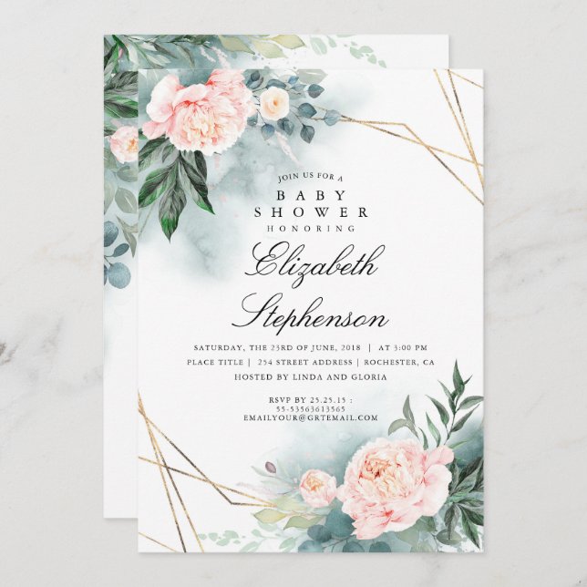 Pink Flowers and Greenery Elegant Baby Shower Invitation (Front/Back)