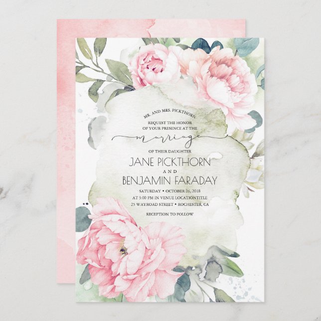 Pink Flowers and Greenery Elegant Vintage Marriage Invitation (Front/Back)