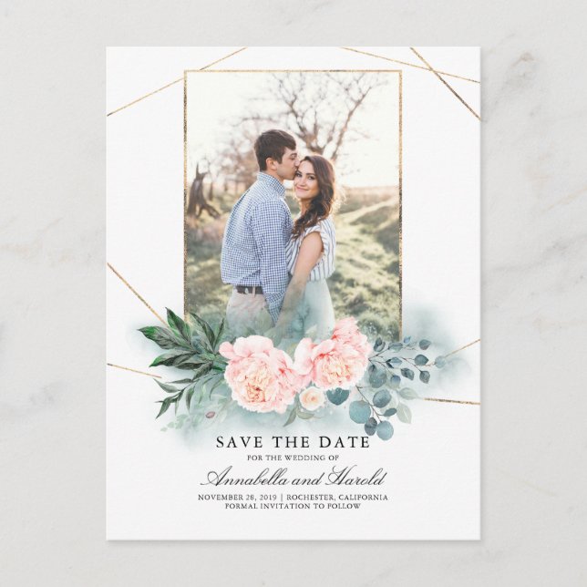 Pink Flowers and Greenery Photo Save the Date Announcement Postcard (Front)