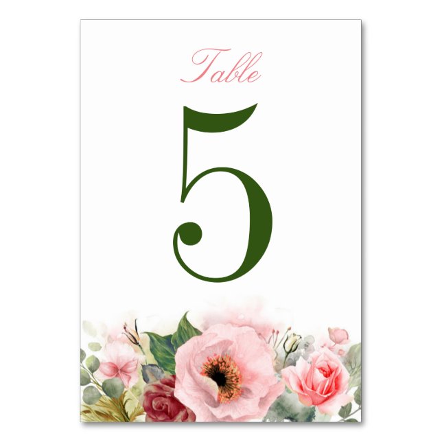 Pink Flowers and Greenery Table Number (Front)