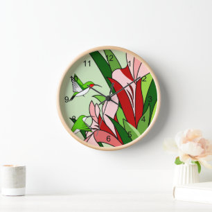 Pink Flowers and Hummingbird Round Clock