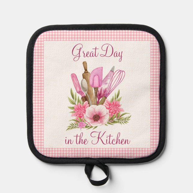 Pink Flowers and Kitchen Utensils Customisable Pot Holder (Front)