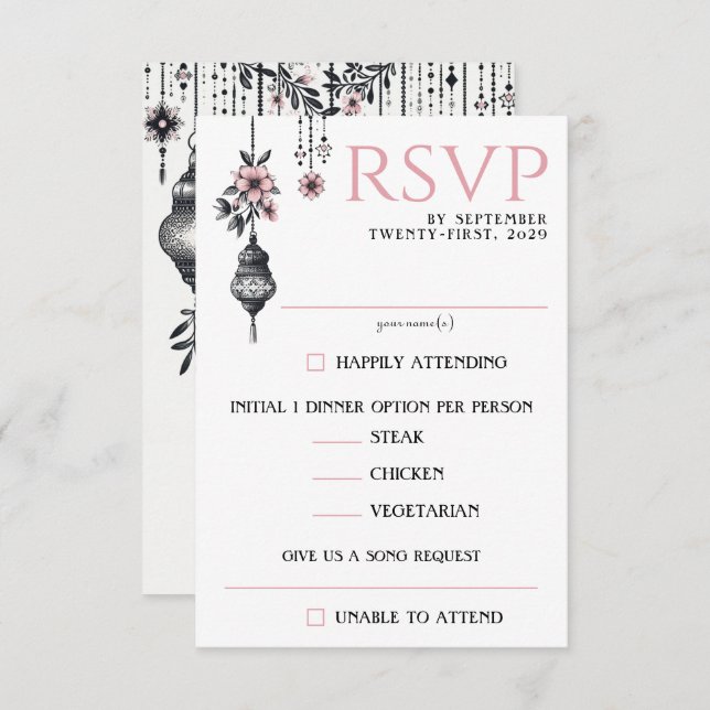 Pink Flowers and Lanterns Food Choices RSVP Card (Front/Back)