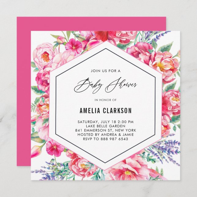 Pink Flowers and Lavender Baby Shower Invitation (Front/Back)