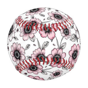 Pink flowers and leaves sketch design baseball