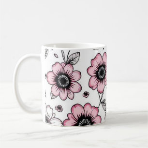Pink flowers and leaves sketch design coffee mug