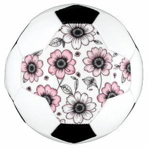Pink flowers and leaves sketch design soccer ball