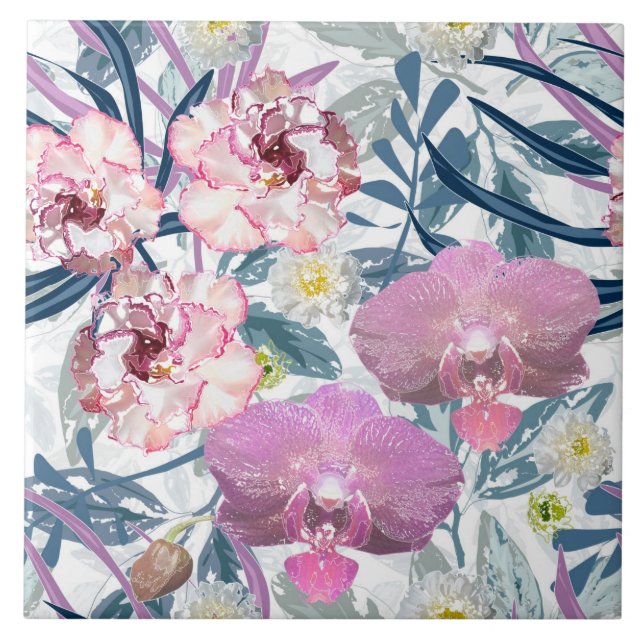 Pink flowers and orchid.  ceramic tile (Front)