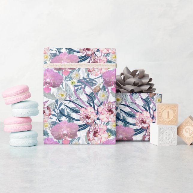 Pink flowers and orchid.  wrapping paper (Baby Shower)