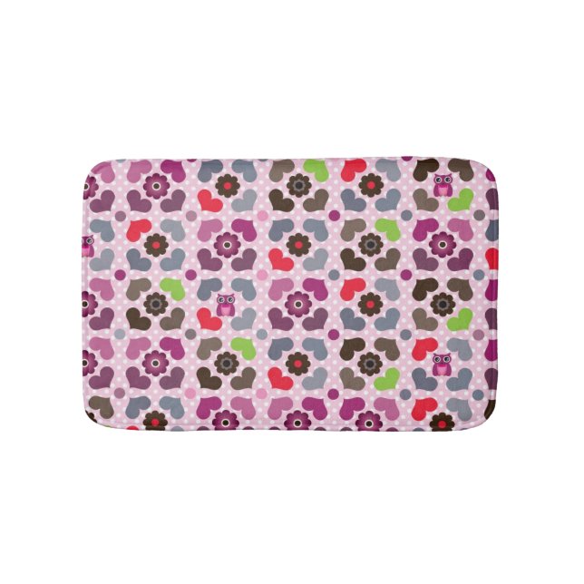 pink flowers and owls pattern bath mat (Front)