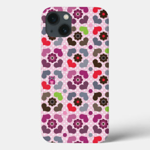 pink flowers and owls pattern iPhone 13 case