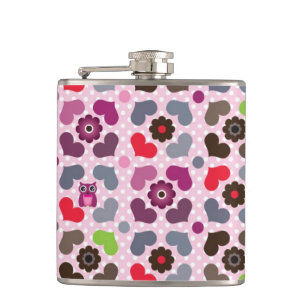 pink flowers and owls pattern hip flask