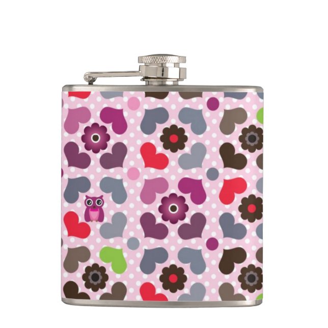 pink flowers and owls pattern hip flask (Front)
