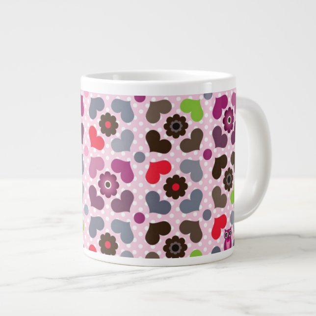 pink flowers and owls pattern large coffee mug (Front Right)