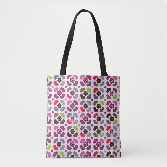 pink flowers and owls pattern tote bag (Front)