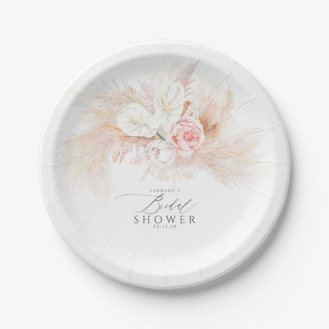 Pink Flowers and Pampas Grass Bridal Shower Paper Plate (Front)