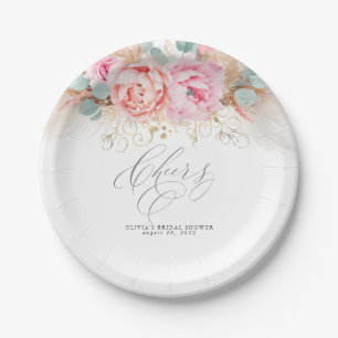 Pink Flowers and Pampas Grass Cheers Paper Plate