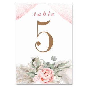 Pink Flowers and Pampas Grass Elegant Table Number