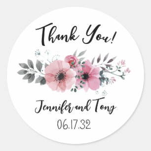 Pink Flowers and Rose Wedding Favour Sticker