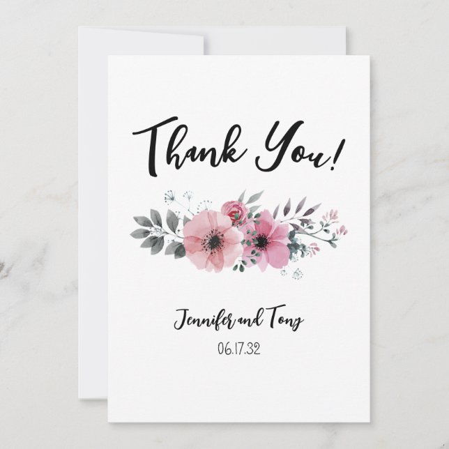 Pink Flowers and Rose Wedding Thank You Note (Front)
