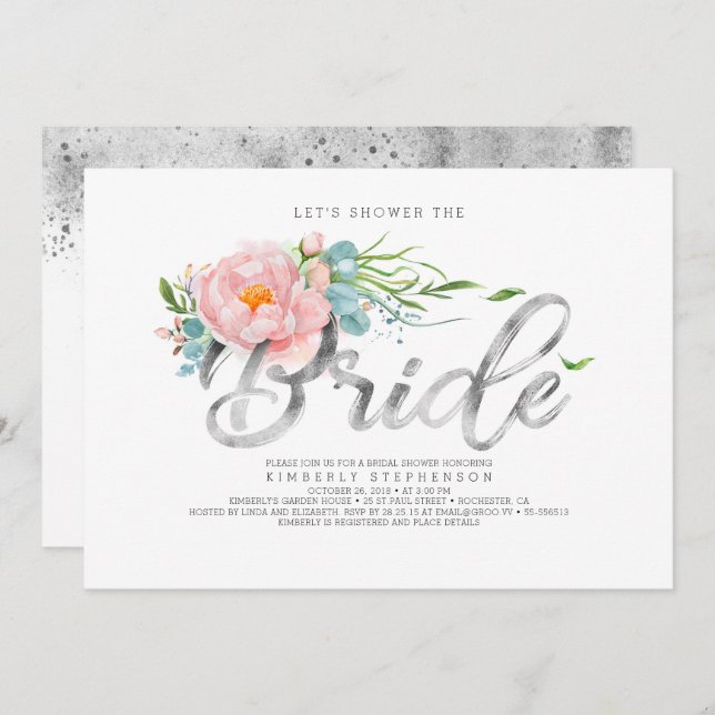 Pink Flowers and Silver Foil Glitter Bridal Shower Invitation (Front/Back)