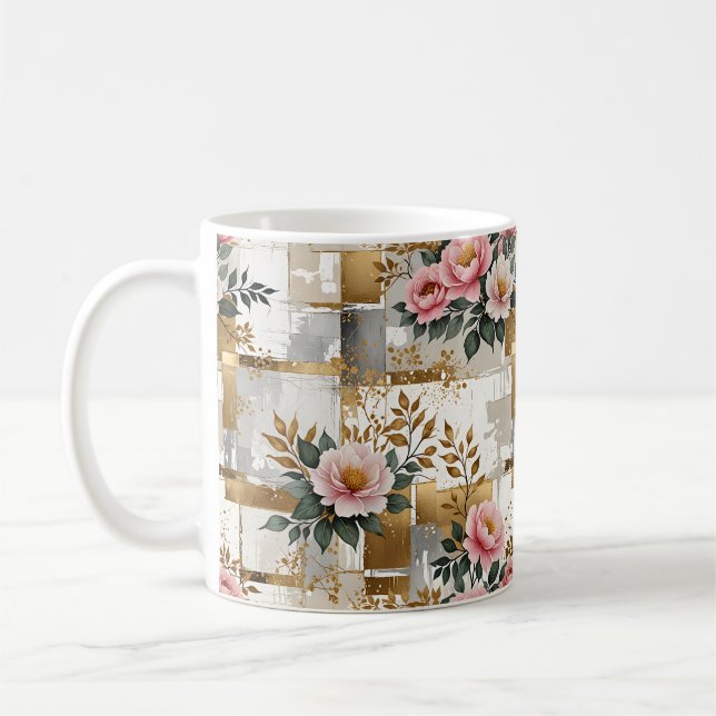 Pink Flowers and Squares Coffee Mug (Left)