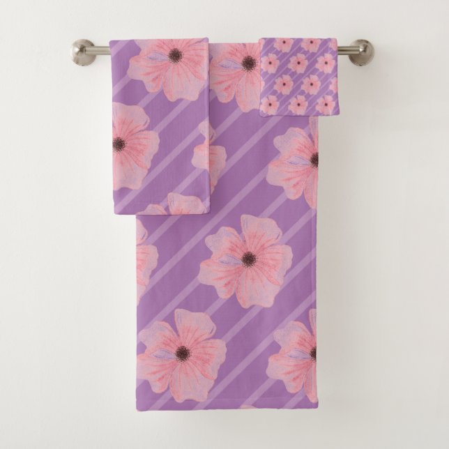 Pink Flowers And Stripes Bath Towel Set (Insitu)