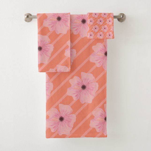 Pink Flowers And Stripes Bath Towel Set (Insitu)