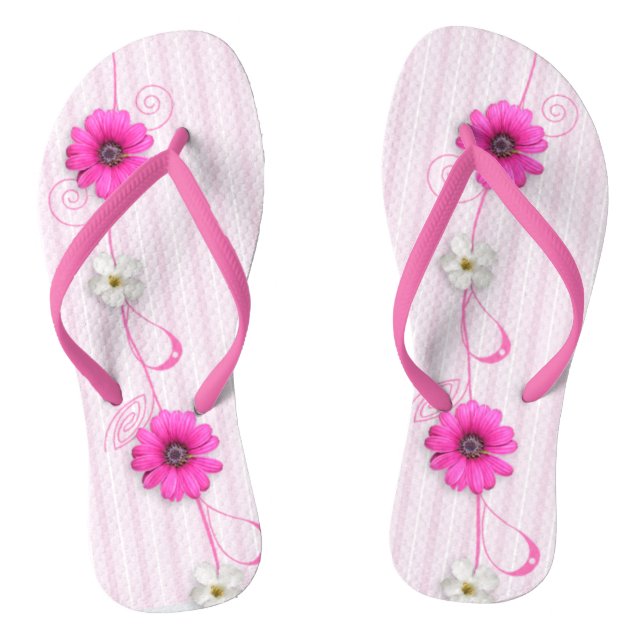 Pink Flowers And Stripes Flip Flops (Footbed)