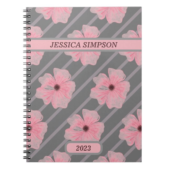 Pink Flowers And Stripes Personalised Notebook (Front)