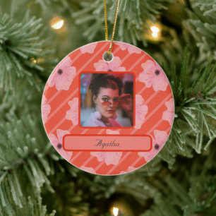 Pink Flowers And Stripes Personalised Ornament