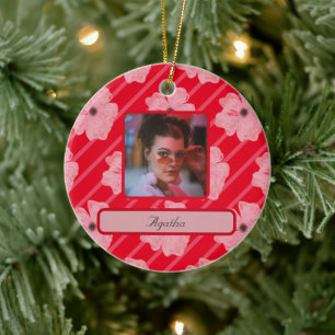 Pink Flowers And Stripes Personalised Ornament