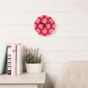 Pink Flowers And Stripes Wall Clock