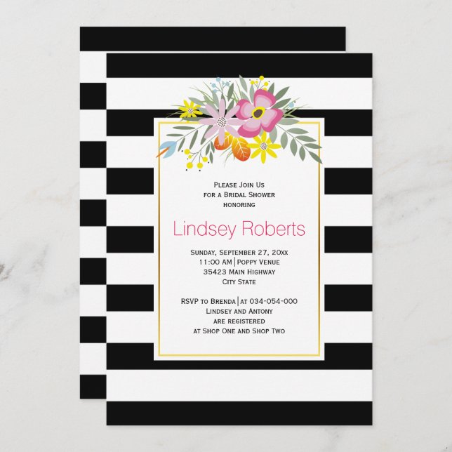 Pink flowers and stripes wedding bridal shower invitation (Front/Back)