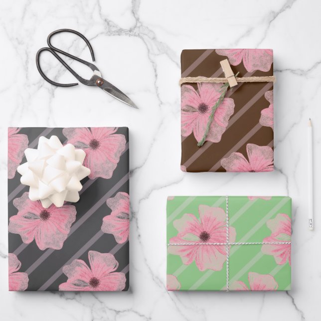 Pink Flowers And Stripes Wrapping Paper Sheets (Front)