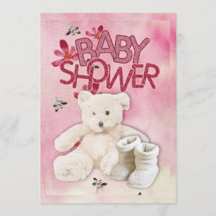 Pink Flowers and Teddybear Babyshower Invitation