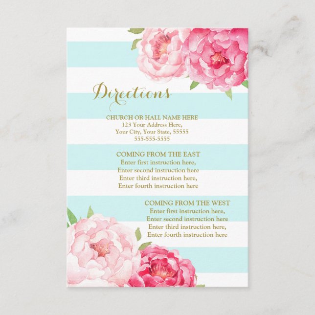 Pink Flowers Aqua Stripes Wedding Direction Insert (Front)