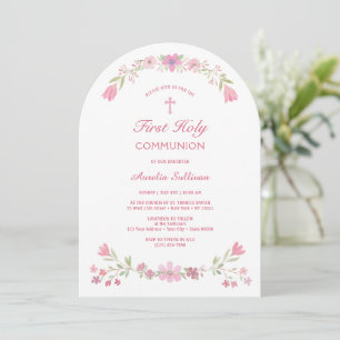 Pink Flowers Arch First Communion Invitation