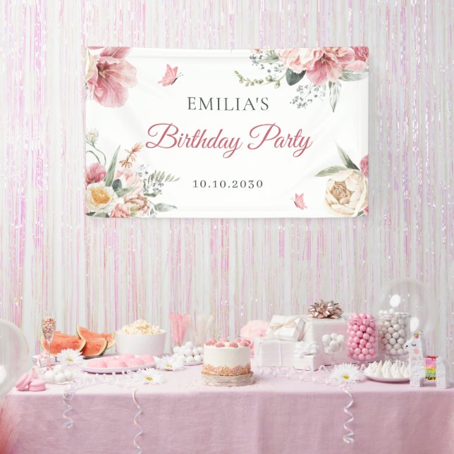 Pink Flowers arrangements pastel watercolor Banner (Party)