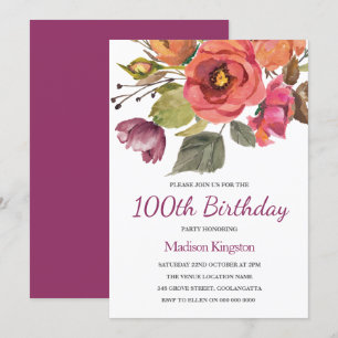 Pink Flowers Autumn Breeze 100th Birthday Invite