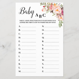 Pink Flowers Baby ABC Baby Shower Game Card