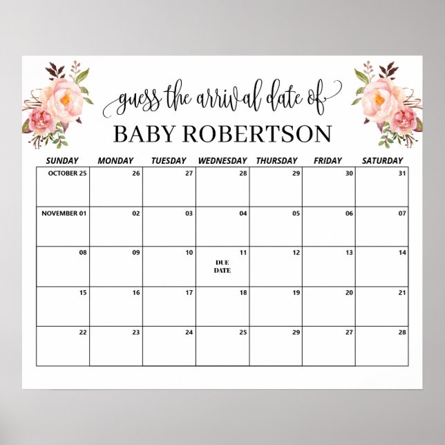 Pink flowers Baby Shower Guess Due Date Calendar Poster (Front)
