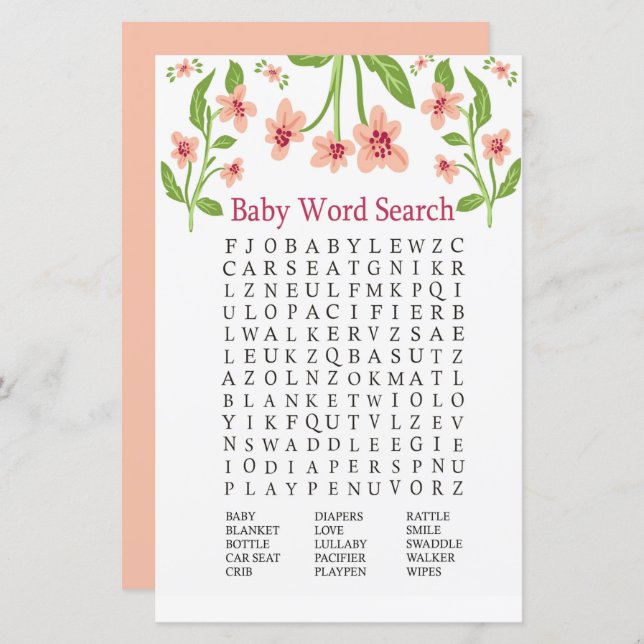Pink Flowers Baby Shower Word Search Game (Front/Back)
