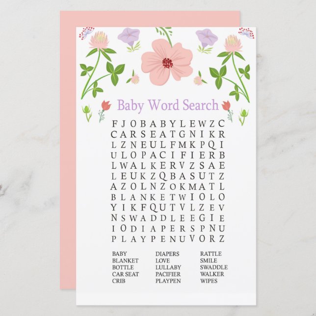 Pink Flowers Baby Shower Word Search Game (Front/Back)